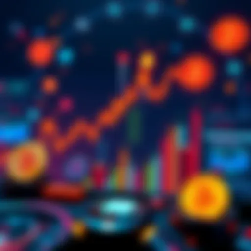Bitcoin Price Trends A graph showing Bitcoin price fluctuations with upward and downward trends, surrounded by symbols of market factors like news and technology.