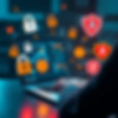 A person using a laptop with a Bitcoin wallet open, surrounded by digital privacy symbols like locks and shields, indicating methods to ensure financial anonymity.