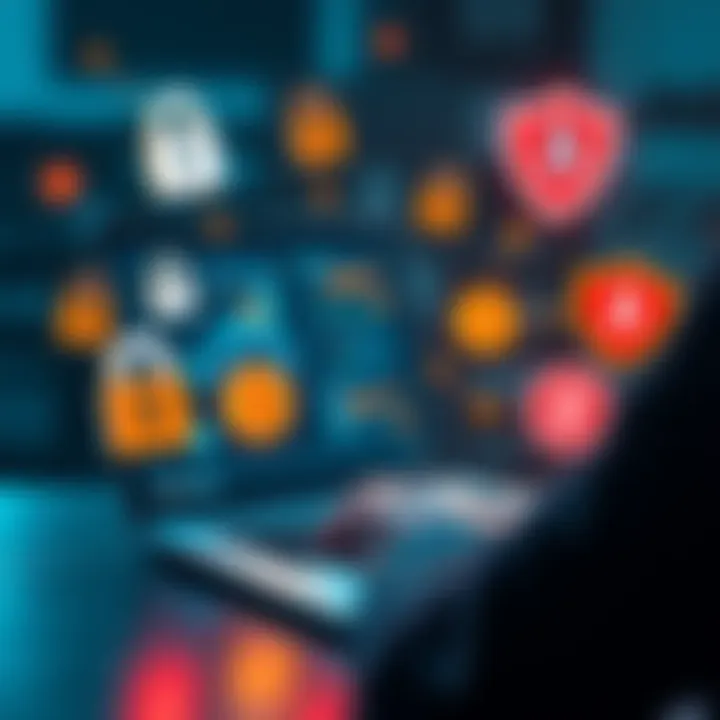 A person using a laptop with a Bitcoin wallet open, surrounded by digital privacy symbols like locks and shields, indicating methods to ensure financial anonymity.