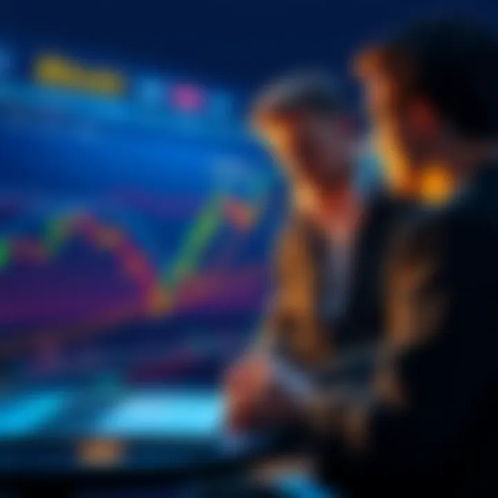 A beginner looking at a Bitcoin chart with a friend discussing recent profits