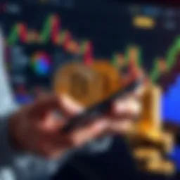 A person calculating profits from Bitcoin while holding a digital wallet, with coins and financial graphs in the background.