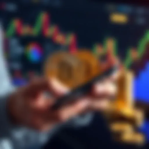 A person calculating profits from Bitcoin while holding a digital wallet, with coins and financial graphs in the background.