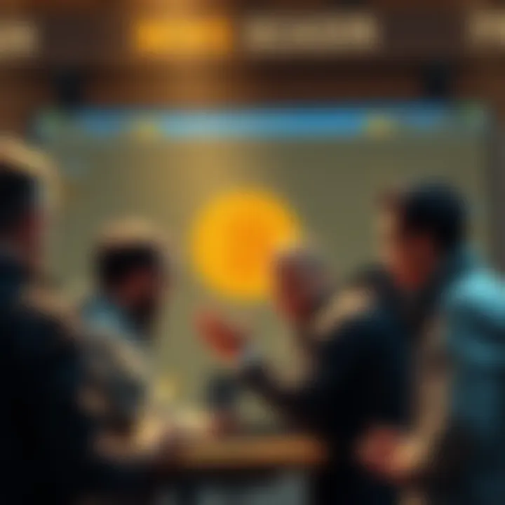People discussing Bitcoin's value at a user board