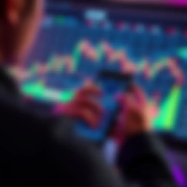 Bitcoin Purchase A person buying Bitcoin on a smartphone, with charts showing market trends in the background.