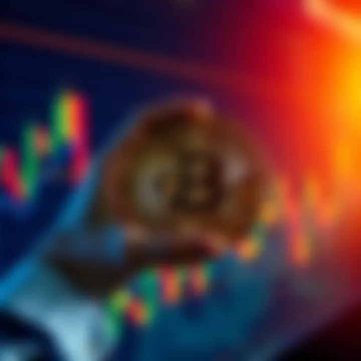 A person holding a Bitcoin symbol with a fluctuating price chart in the background, representing a recent Bitcoin purchase at $69K.