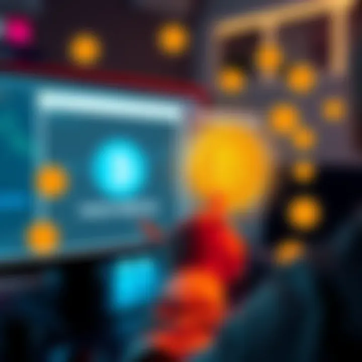 A person comparing instant and market buy options for Bitcoin on a computer screen, with dollar signs and Bitcoin icons surrounding them.
