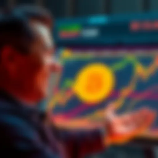 A person smiling while looking at a Bitcoin chart showing rising values, with a Bitcoin symbol in the background.