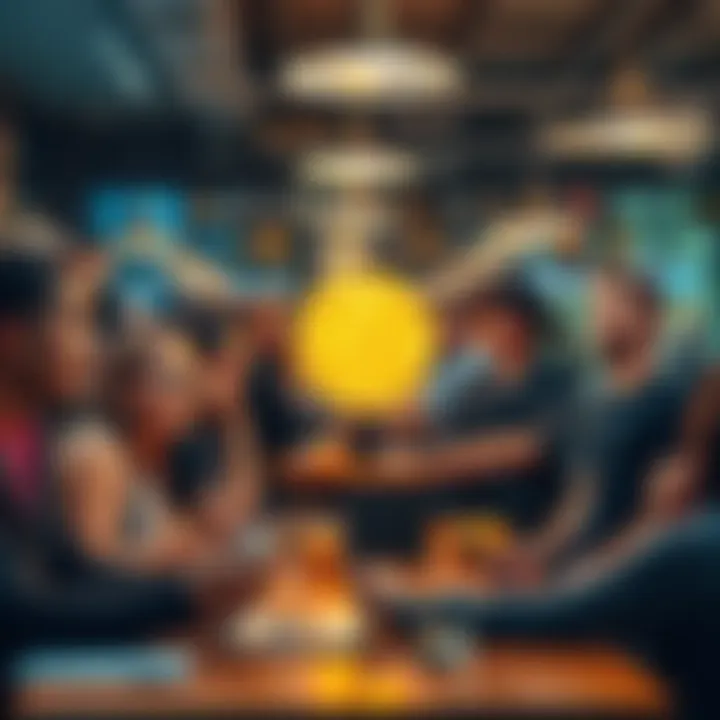 A group of diverse people discussing Bitcoin and cryptocurrency at a coffee shop, showing enthusiasm while others look puzzled with their laptops and smartphones.