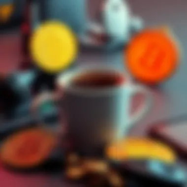 A coffee cup and tech gadgets showing purchases made with Bitcoin