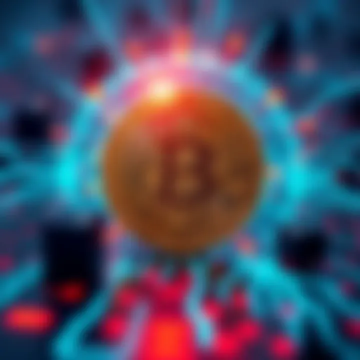Bitcoin with Quantum Computer Threat An illustration showing a Bitcoin symbol surrounded by digital quantum computing elements, highlighting the future risks to cryptocurrency integrity.