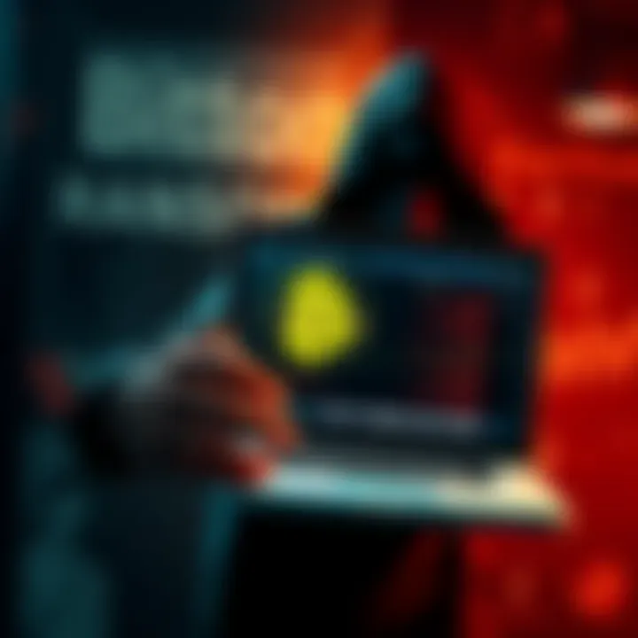 A hacker holding a laptop displaying a Bitcoin symbol, with a shadowy figure in the background symbolizing cybercrime, representing ransomware schemes