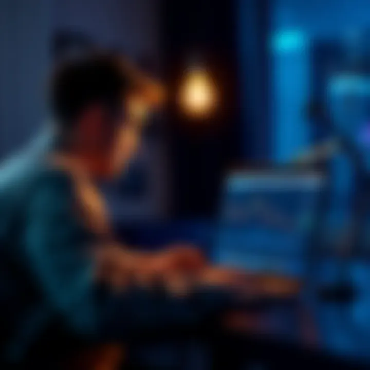 A person looking at a Bitcoin chart on a laptop, with a light bulb symbolizing understanding above their head.