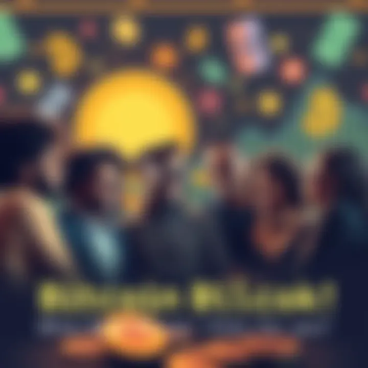 A group of diverse people discussing their personal moments of understanding Bitcoin's value, with symbols of currency and digital assets in the background.