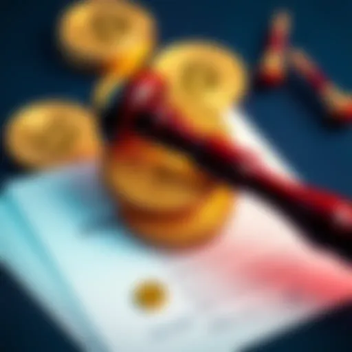 A visual representation of Bitcoin coins with a gavel and legal documents, symbolizing the impact of regulations on cryptocurrency.