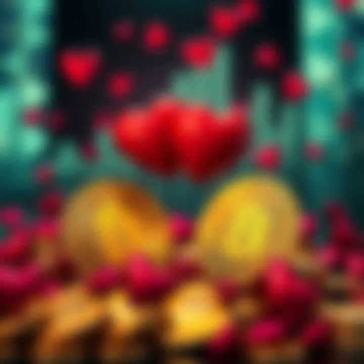 A playful visual of Bitcoin coins and hearts symbolizing competition between cryptocurrency and dating in 2026.