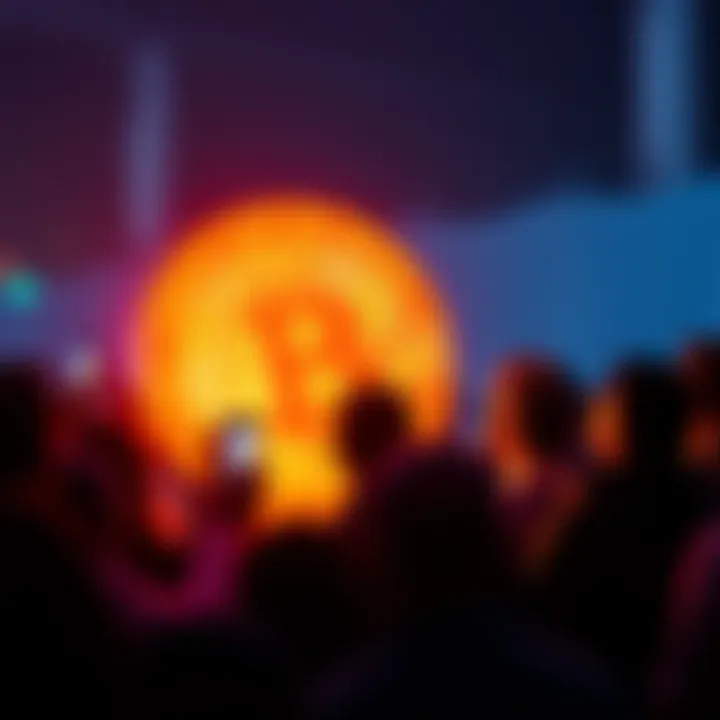 A group of individuals gathered around a glowing Bitcoin symbol, reminiscent of a religious congregation, symbolizing unwavering belief in cryptocurrency.