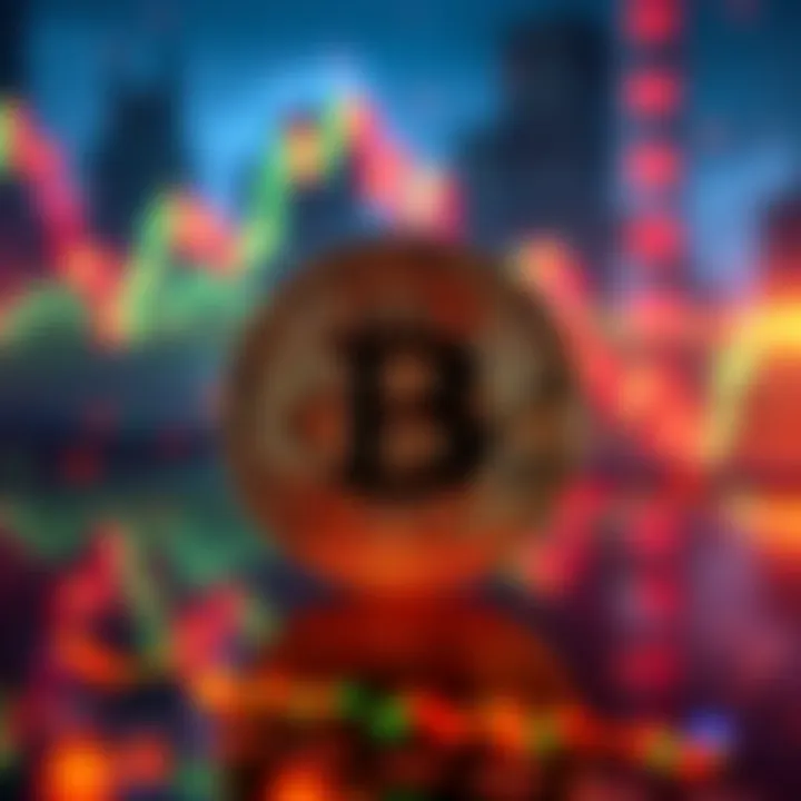Bitcoin logo with a backdrop of fluctuating market graphs, symbolizing its strength during market chaos.