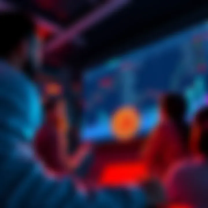 Bitcoin resilience Group of people discussing Bitcoin's value while looking at fluctuating market charts on a screen