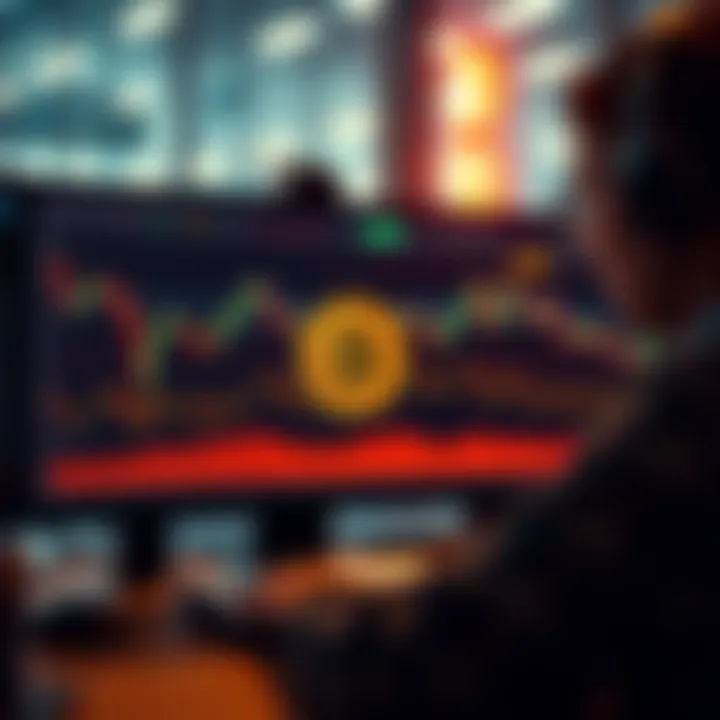 A person looking at Bitcoin price charts on a computer screen, showing fluctuations and trends amid economic uncertainty.
