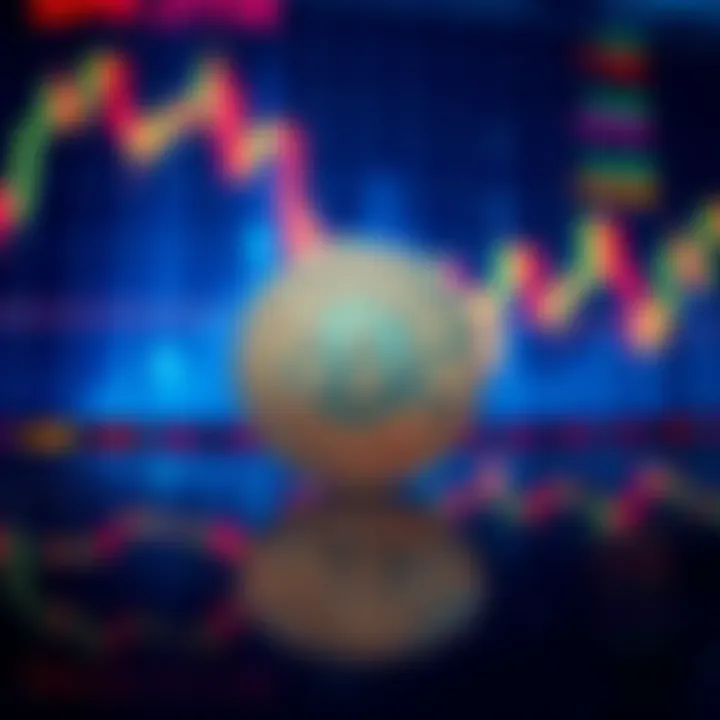 Bitcoin symbol against a backdrop of declining stock market graphs