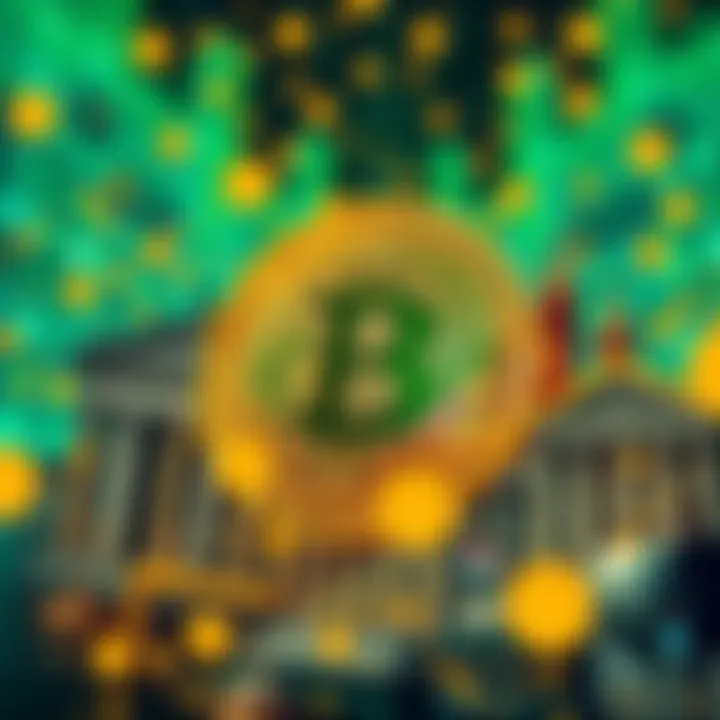 A futuristic view of Bitcoin symbols interwoven with traditional bank imagery, reflecting the changing dynamics of finance.