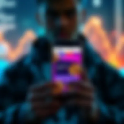 A person contemplating the decision to keep Bitcoin on an exchange for rewards. Visuals include a smartphone displaying the Kraken app and Bitcoin symbols.