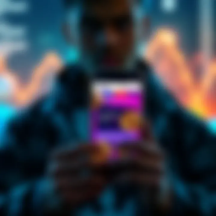 A person contemplating the decision to keep Bitcoin on an exchange for rewards. Visuals include a smartphone displaying the Kraken app and Bitcoin symbols.