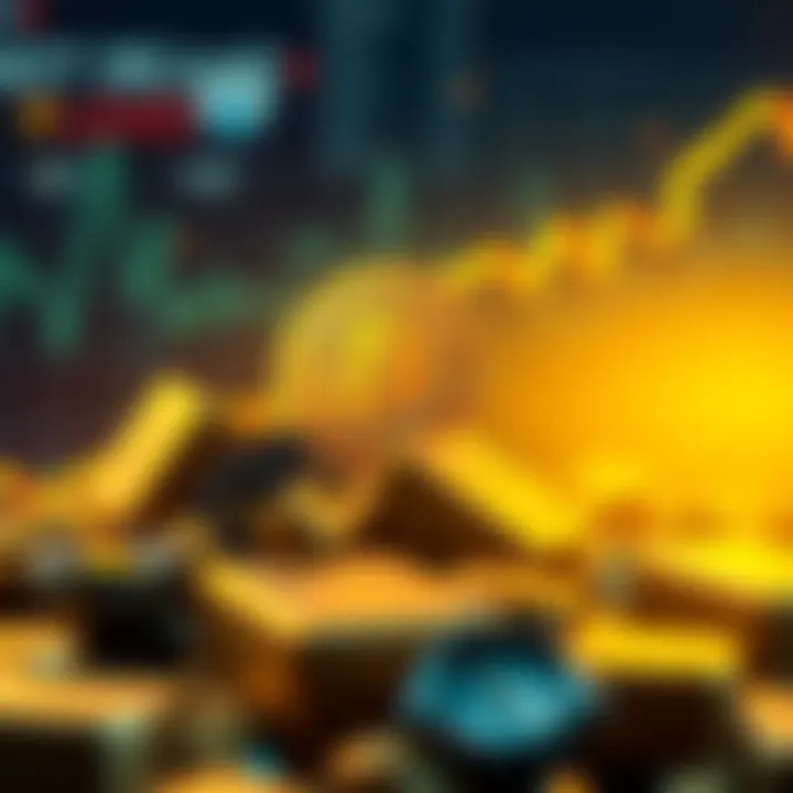 A graphic showing Bitcoin prices climbing while gold prices fall, with a trade deal announcement in the background.