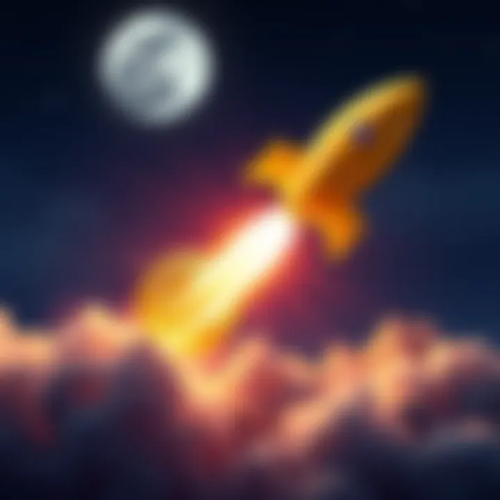 Bitcoin symbol with a rocket taking off, showing optimism and excitement in cryptocurrency market.