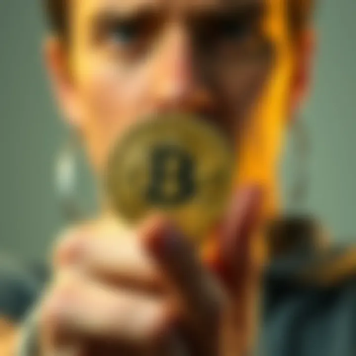 A close-up of a person holding a bitcoin in their hand with a worried expression, symbolizing the risks of holding bitcoin beyond price changes.