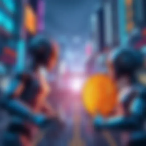 A futuristic city where AI robots work alongside Bitcoin symbols, showing a blend of technology and currency.