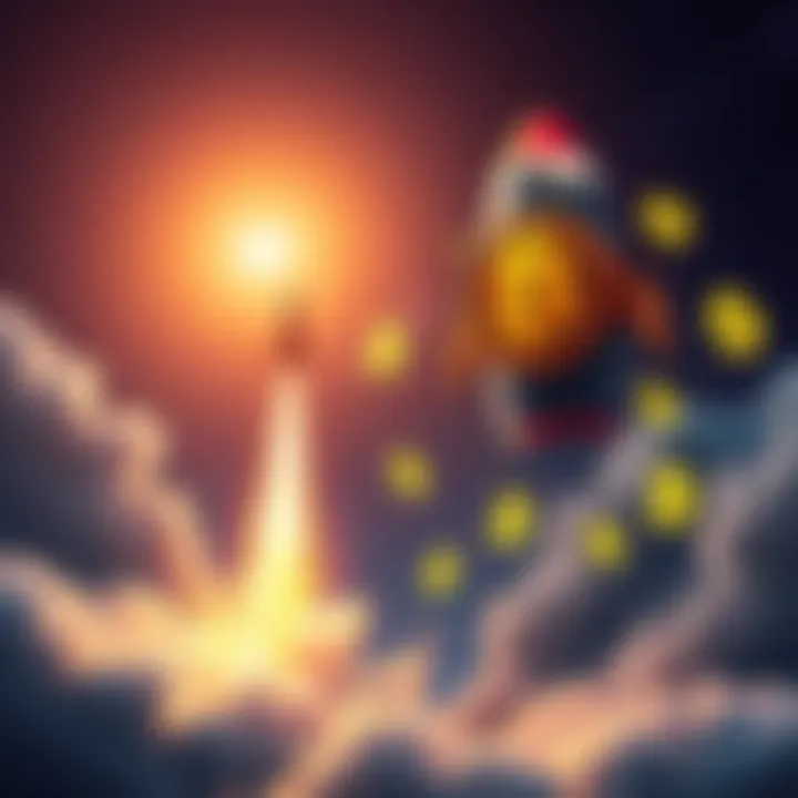 A rocket symbolizing Bitcoin's rise, heading towards a bright sky with dollar signs around it, representing optimism about its price surge.