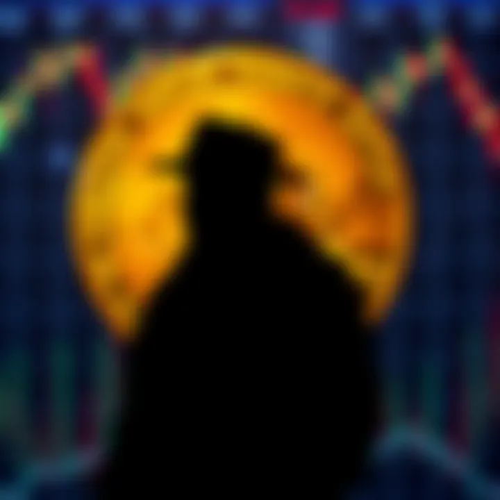A visual representation showing a silhouette of Satoshi Nakamoto in front of a large Bitcoin symbol, with market charts in the background suggesting fluctuations.