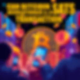 Illustration of Bitcoin symbol and coins representing satoshis, with people using smartphones for payments, showcasing ease of transaction.