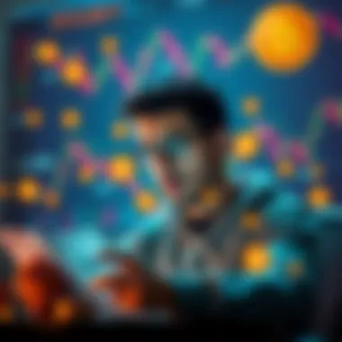 A person analyzing their savings with Bitcoin symbols and financial charts in the background.