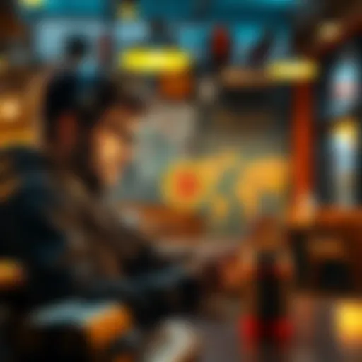 A person checking Bitcoin values on a smartphone in a cafe, with travel gear in the background.