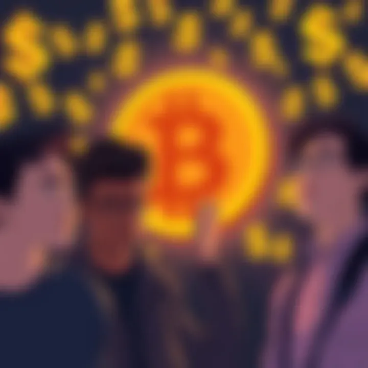 Bitcoin Scam Illustration A group of young people looking at a glowing Bitcoin logo, appearing excited yet confused, surrounded by dollar signs, depicting the allure and deception of Bitcoin investments.