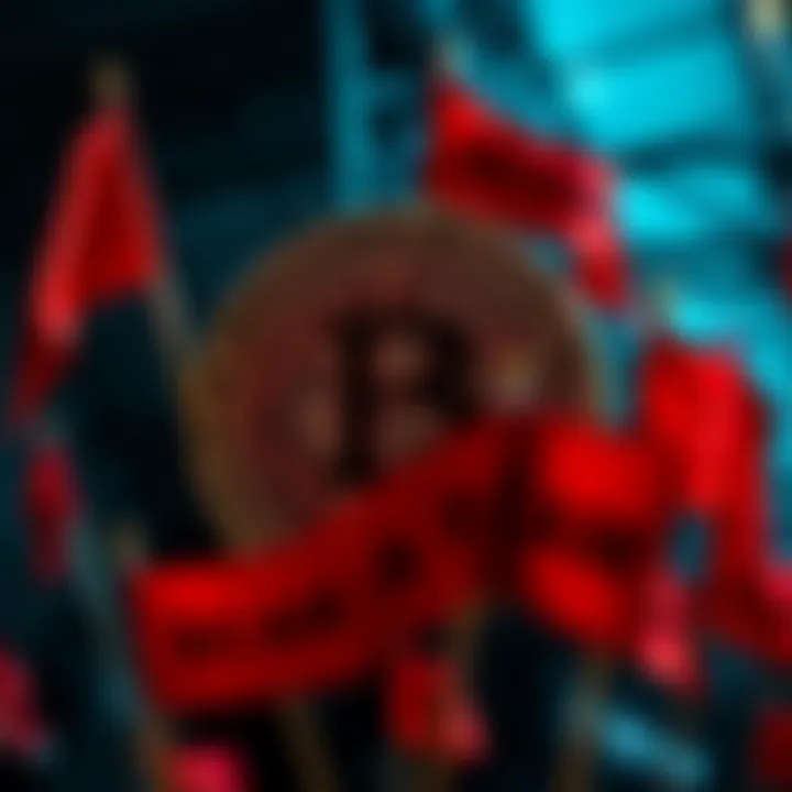 A graphic showing a Bitcoin symbol overshadowed by various scam signs and red flags, illustrating the decline in Bitcoin's reputation.