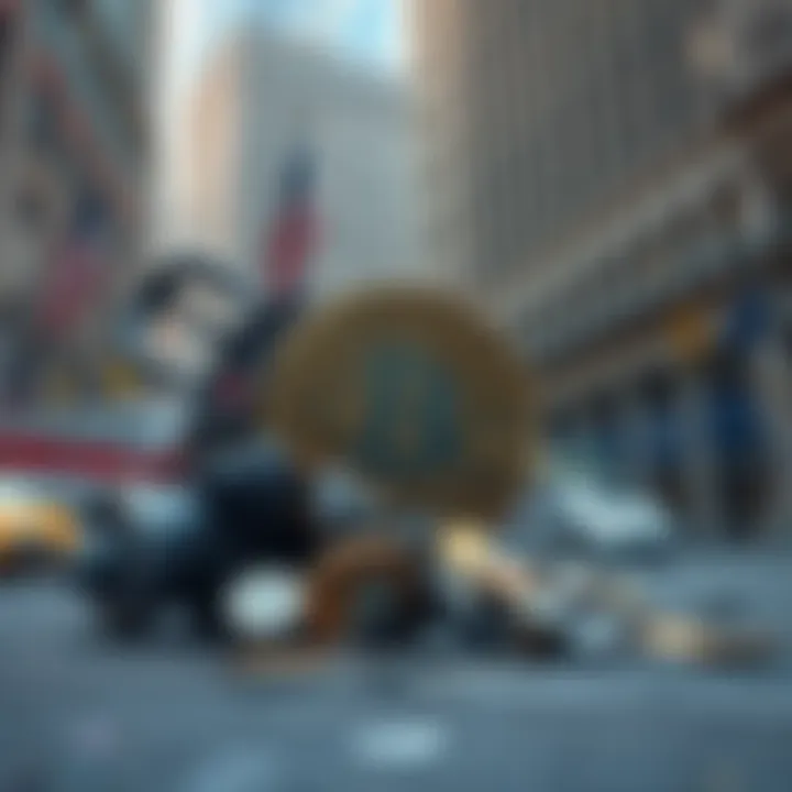 Visual representation of the Bitcoin scheme collapsing, with a crumbling machine and Wall Street buildings in the background.