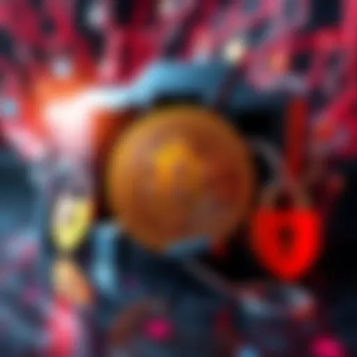 A digital representation of Bitcoin surrounded by shields and locks, illustrating its security features against attacks.