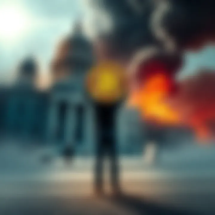 A person holding a Bitcoin symbol while standing defiantly against a backdrop of a crumbling government building, symbolizing resistance to authoritarianism.