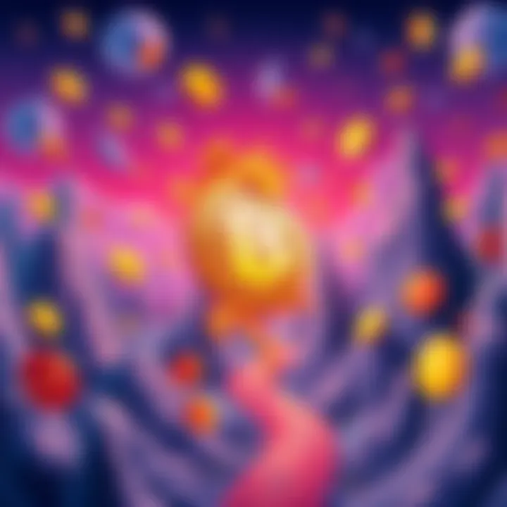 Illustration showing Bitcoin icon navigating through a chaotic landscape filled with Shitcoin symbols