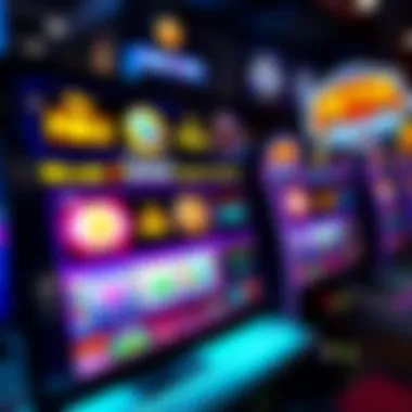 A computer screen displaying colorful bitcoin slot machines with spinning reels and vibrant graphics