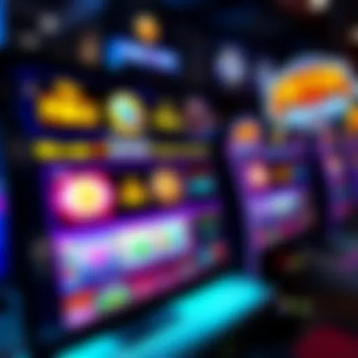 A computer screen displaying colorful bitcoin slot machines with spinning reels and vibrant graphics