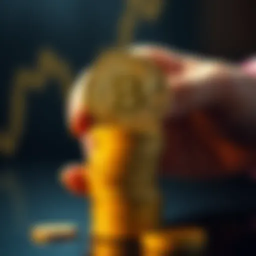 A hand holding gold coins representing Bitcoin stacked up, symbolizing investment and growth in cryptocurrency during low price periods.