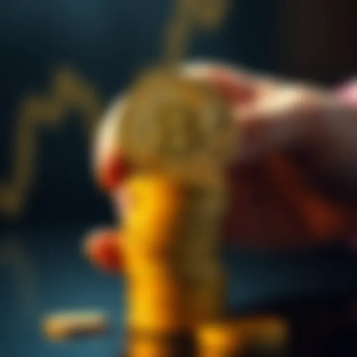 Bitcoin Stacking Concept A hand holding gold coins representing Bitcoin stacked up, symbolizing investment and growth in cryptocurrency during low price periods.