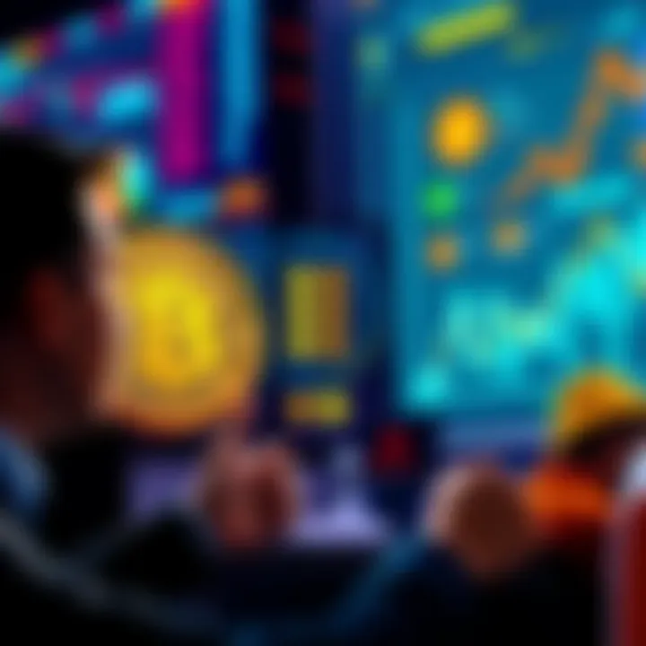 Two people discussing Bitcoin staking versus keeping it secure, with visuals of digital currency and finance platforms in the background
