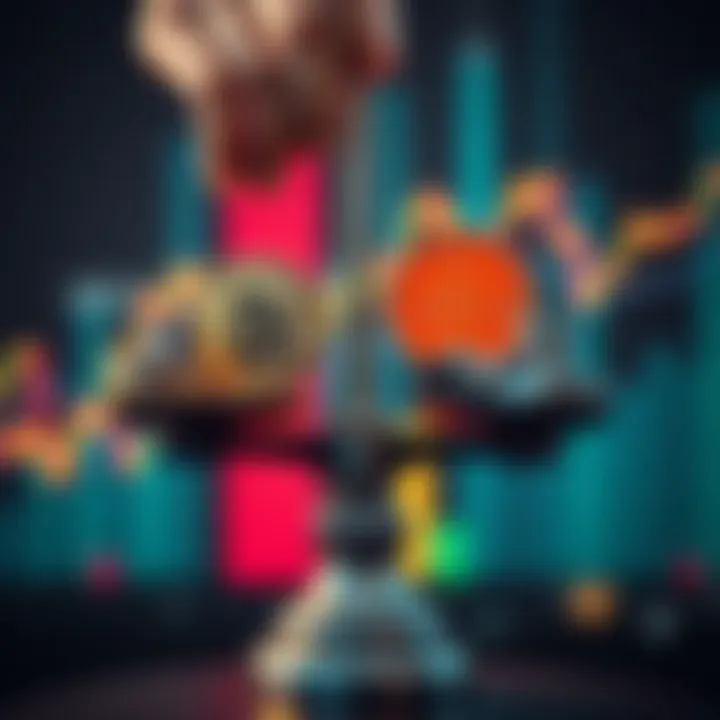 A person weighing Bitcoin and stock market icons on a balance scale, illustrating the choice between holding Bitcoin and investing in stocks.