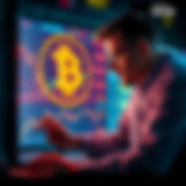 Bitcoin and Stock Market A trader analyzing stock data with Bitcoin graphics on the screen, highlighting a $65k price target.