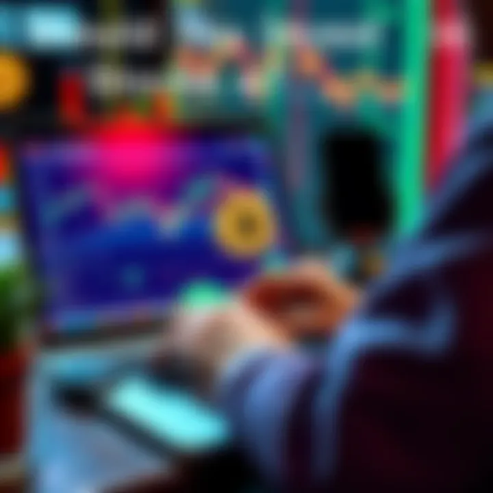 A person analyzing charts on a laptop with Bitcoin symbols and stock market graphs